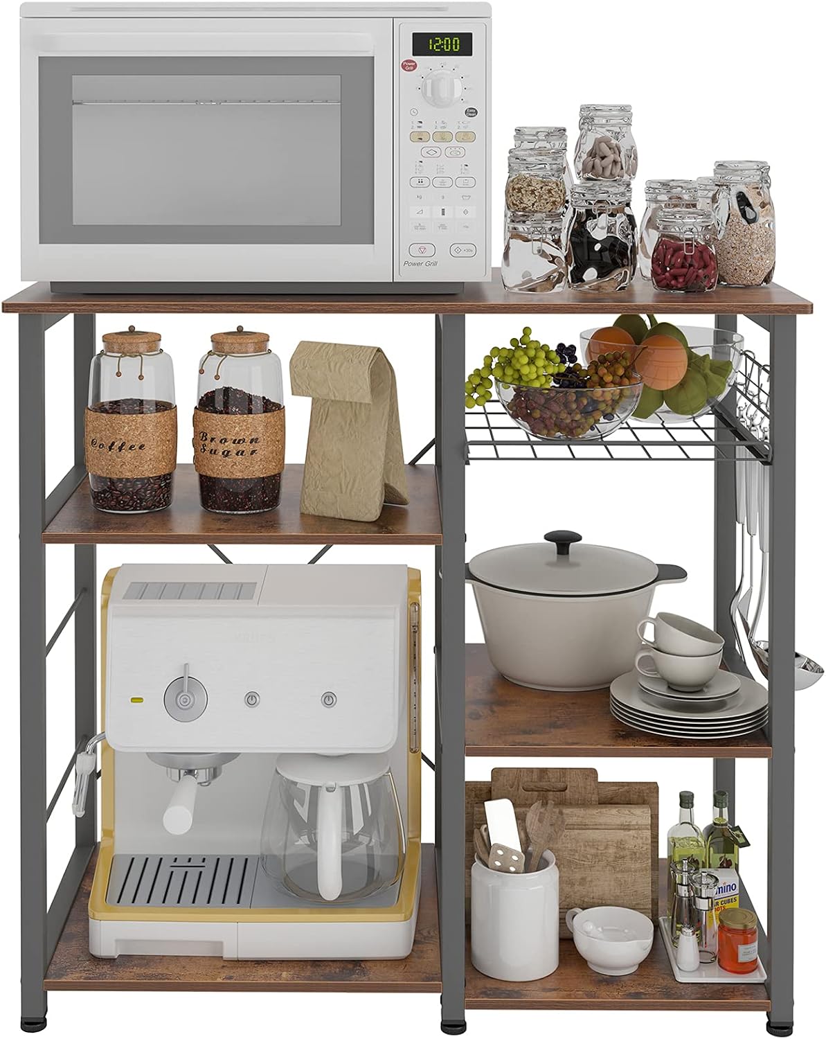 DlandHome Kitchen Bakers Rack with Storage Stand for Kitchen, Industrial Kitchen Baker's Rack, 35.4 inches Microwave Oven Stand, 3-Tier+4-Tier Utility Storage Shelf with Hooks and Basket Rustic Brown
