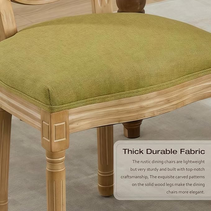 Linen Upholstered Dining Chairs Set of 2 French Country Oval Fabric Back Kitchen Side Chair with Wood Legs for Dining Room, Kitchen, Restaurant(Olive Green-Fabric)