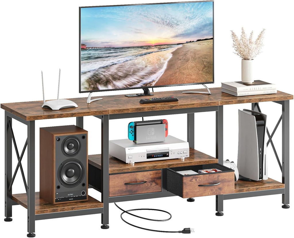 55" TV Stand with Fabric Drawers for 55/60/65 Inch TVs | TV Console Table Entertainment Center with Power Outlets & Open Storage Shelves for Living Room & Bedroom, Rustic Brown
