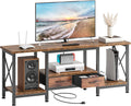 Sweetcrispy 55" TV Stand with Fabric Drawers for 55 60 65 Inches TV | TV Console Entertainment Center with Open Shelves & Sturdy Metal Frame & Charging Station for Living Room, Bedroom, Brown