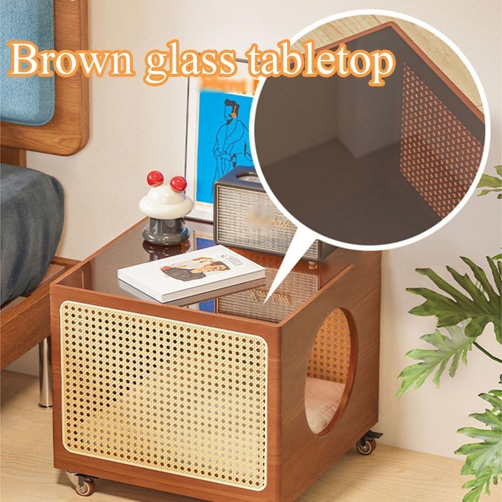 Bedside Table with Cat Condo Movable Side Table Wood and Handcrafted Rattan C...
