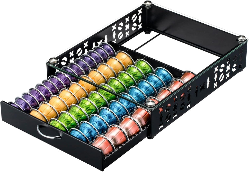 ZCDCP for Coffee Pod Holder, Vertuo Pod Holder Drawer Glass Top Coffee Pod Organizer Storage (50 Pods Capacity)