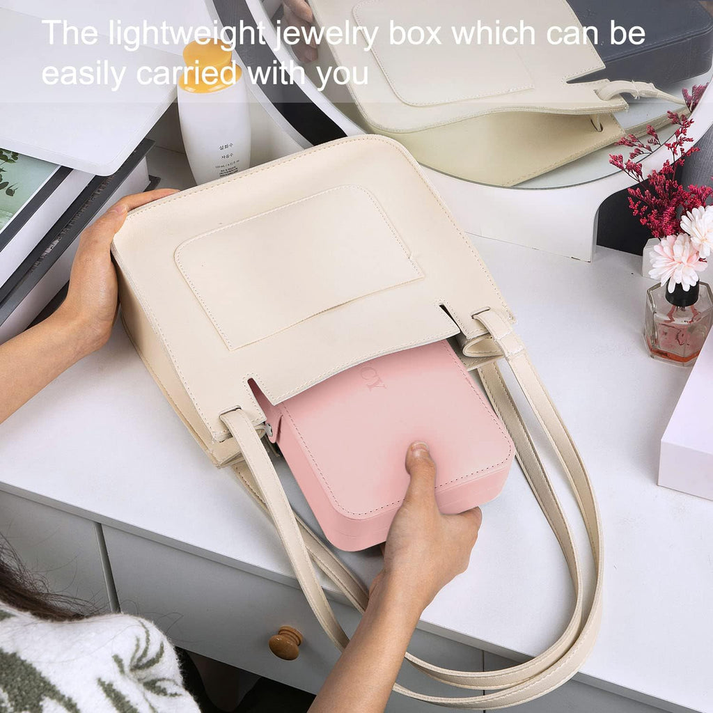 KCY Travel Jewelry Organizer Box for Women Girls, Small Travel Jewelry Case, PU Leather Portable Jewellery Storage Boxes Display Holder for Ring Earrings Necklace Bracelet Bangle, Gifts, Pink