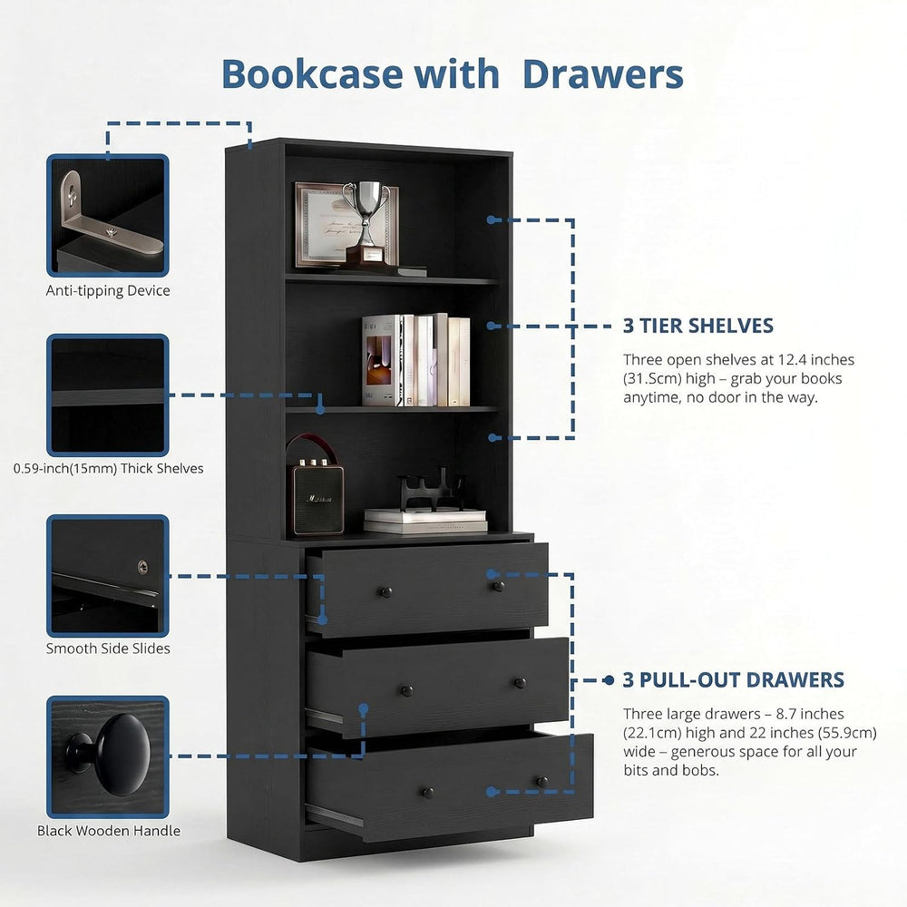 TUSY 71" H Bookshelf with Storage, 6-Tier Modern Bookshelves with 3 Larg...
