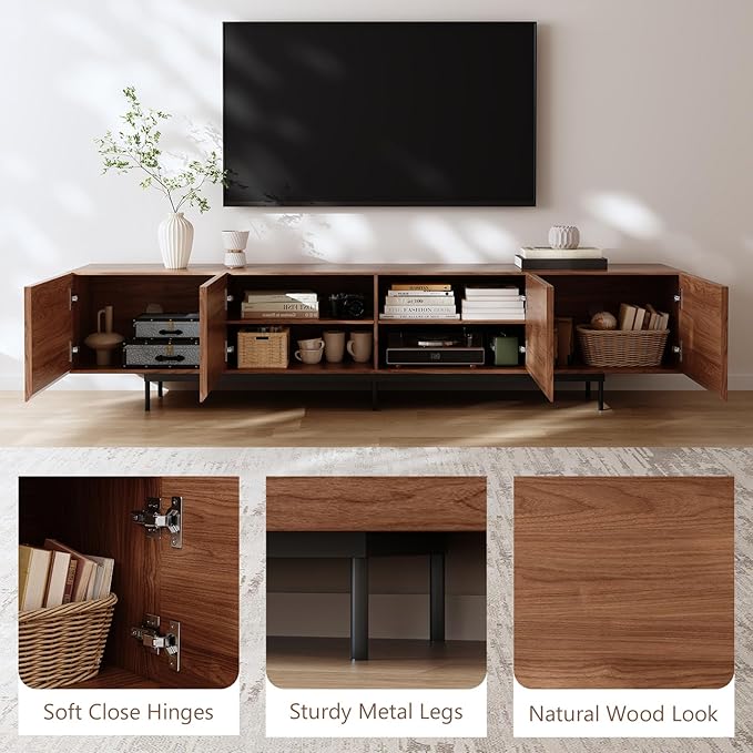 Modern Walnut TV Stand – Long Media Console with 4 Doors, Large Concealed Storage, Cable Management & Metal Legs, Contemporary Entertainment Center for Living Room (Walnut Brown, 86.6")