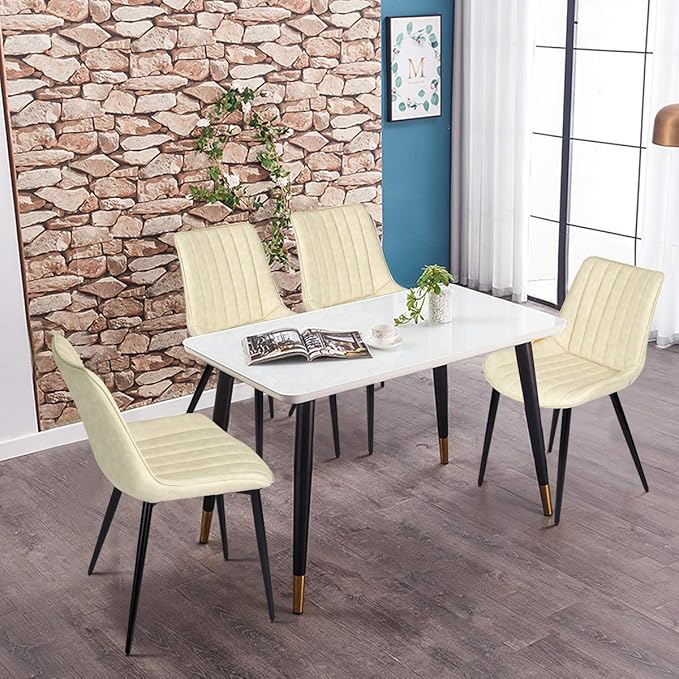 Faux Leather Dining Chairs Set of 2 Mid Century Modern Leisure Upholstered Chair with Metal Legs for Kitchen Living Room Beige