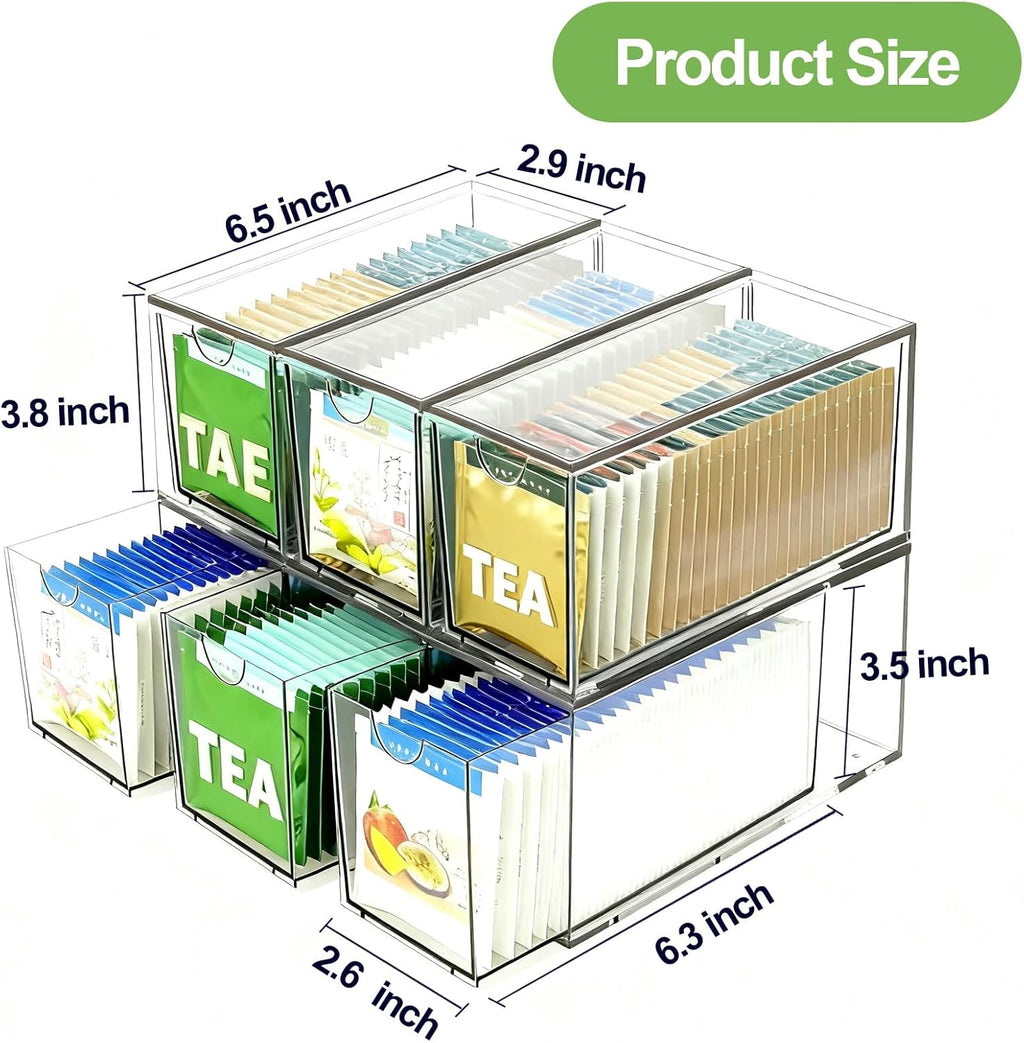 2 Pack Stackable Tea Bag Storage Organizer Drawers – Clear Acrylic Tea Bag Holder for Cabinet, Drawer, Pantry, Countertop – Kitchen Tea Storage Container