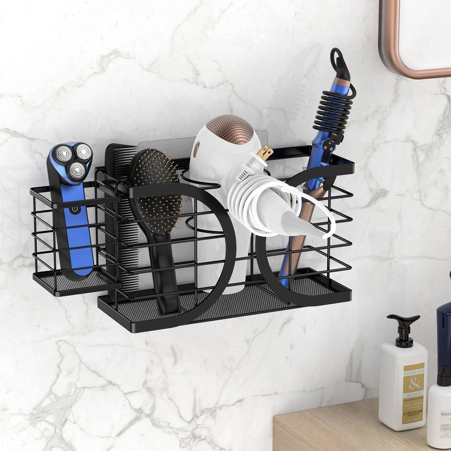 Hair Dryer Holder 3in1 Hair Tool Organizer/Wall Mounted,Cabinet Door or Desk-based Blow Dryer Holder/Height-adjustable Curling Iron Holder/Bathroom Cabinet Organizer for Flat Irons