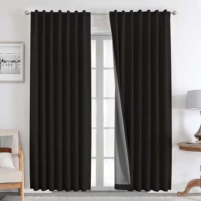 Joydeco Natural Linen Curtains 90 inch Length 2 Panels Set Burg 100% Blackout Patio Door Curtain Room Darkening Sliding Door Curtains Thermal Insulated Back tab Rod Pocket(105x90 inch, Black)