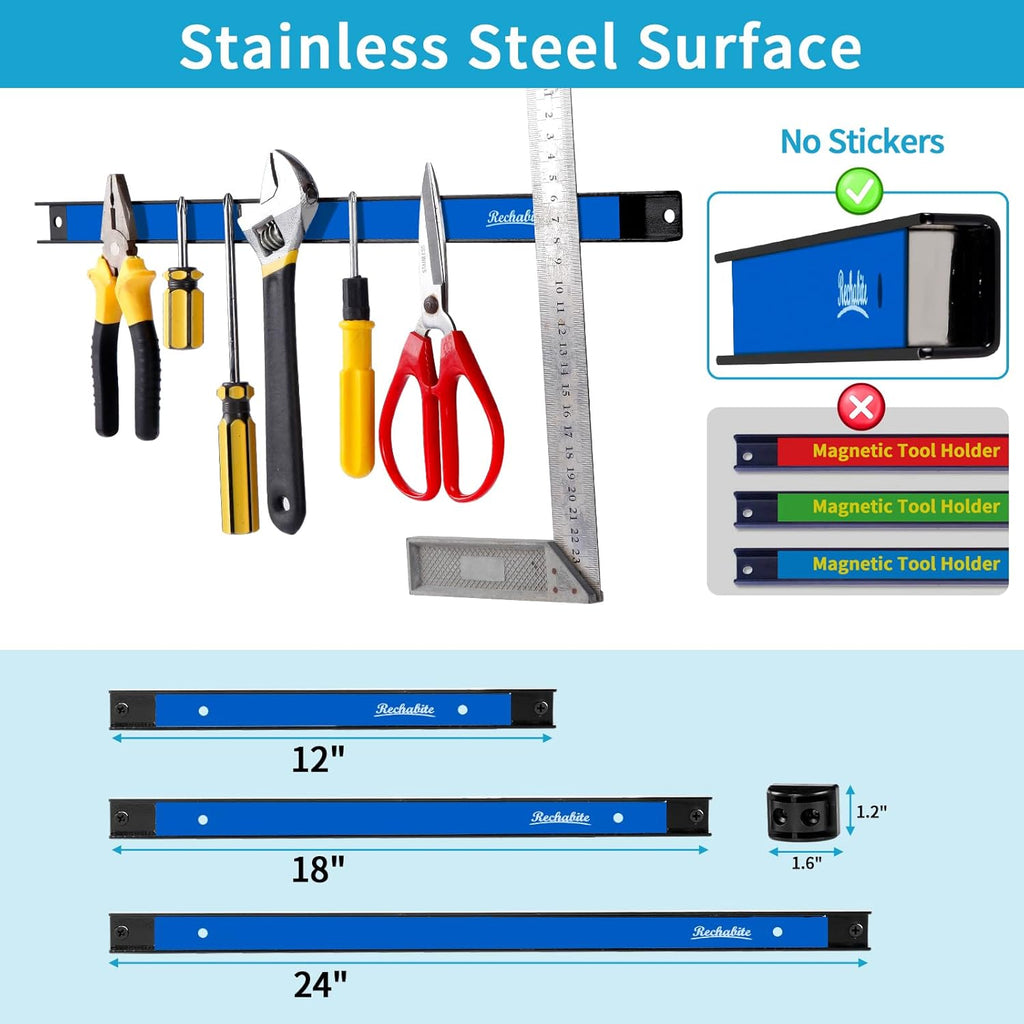 6 Pieces 18" Magnetic Tool Holder Strip, Blue Magnet Bar, Metal Tool Organizer Rack for Garage Organization, Easy To Install in Workshop, Mounting Screws Included