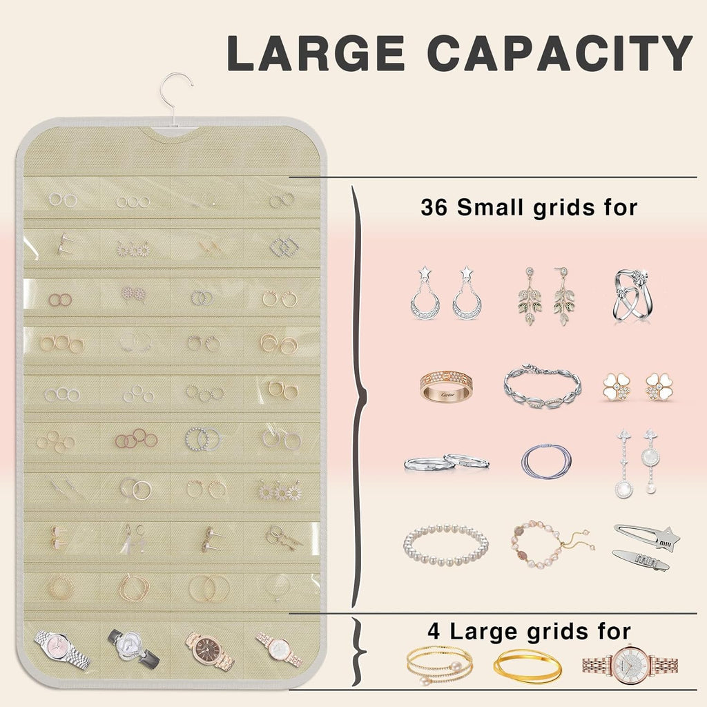 Hanging Jewelry Organizer Storage, 40 Pockets 36 Hooks Necklace Earring Bracelet Ring Organizer, Double - Sided Design, White and Beige