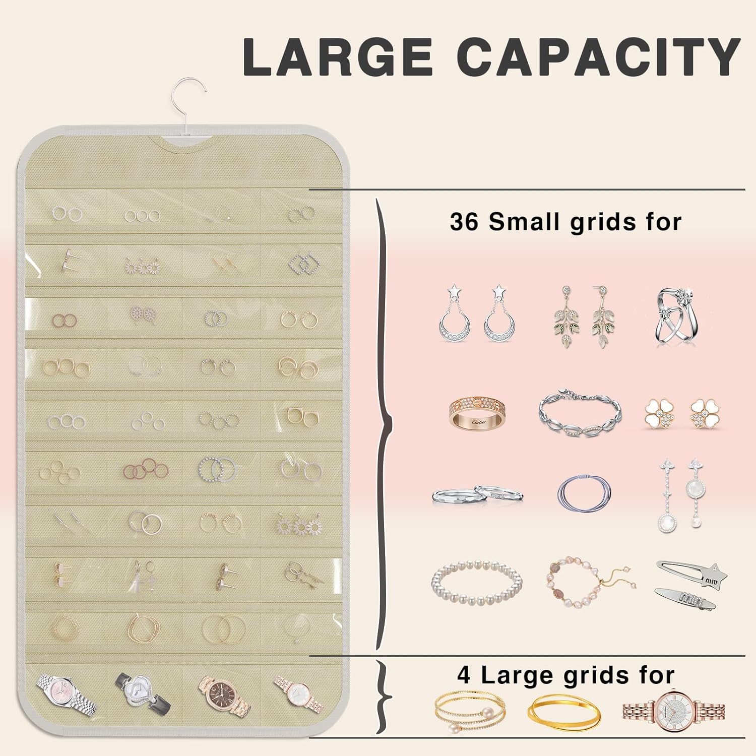 Hanging Jewelry Organizer Storage, 40 Pockets 36 Hooks Necklace Earring Bracelet Ring Organizer, Double - Sided Design, White and Beige