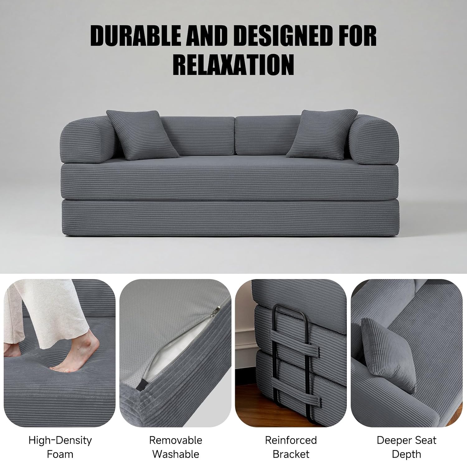 79" Boneless Couch for Living Room,Convertible Futon Sleeper Sofa Bed | 6-In-1 Boneless Couch,Corduroy Sleeper Sofa Bed with Pillows,Modular Floor Loveseat Pull Out Couch, No Assembly, Dark Gray