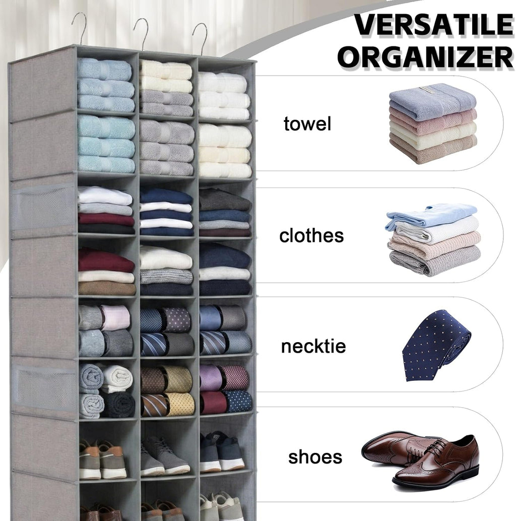 30 Section Hanging Shoe Organizer with Side Pockets, Grey | Hanging Closet Organizer and Storage for Wardrobe, Dorm, Bedroom, Space Saving Foldable Clothes Shelf with Sturdy Hooks