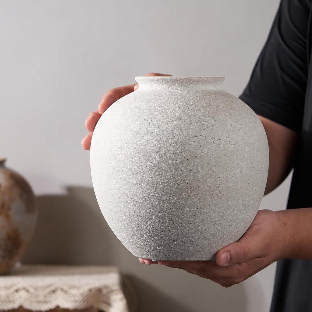 7.8 Inch White Ceramic Vase, Rustic Farmhouse Décor | Round stone-look finish, fits dried flowers, greenery, table centerpieces, weddings, holidays, bathroom, and entryway