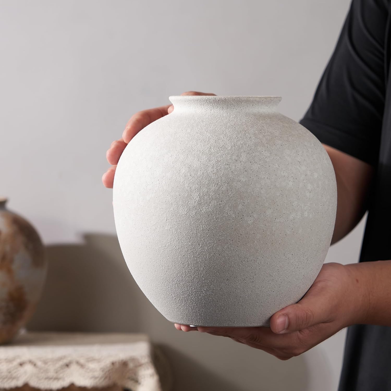 7.8 Inch White Ceramic Vase, Rustic Farmhouse Décor | Round stone-look finish, fits dried flowers, greenery, table centerpieces, weddings, holidays, bathroom, and entryway