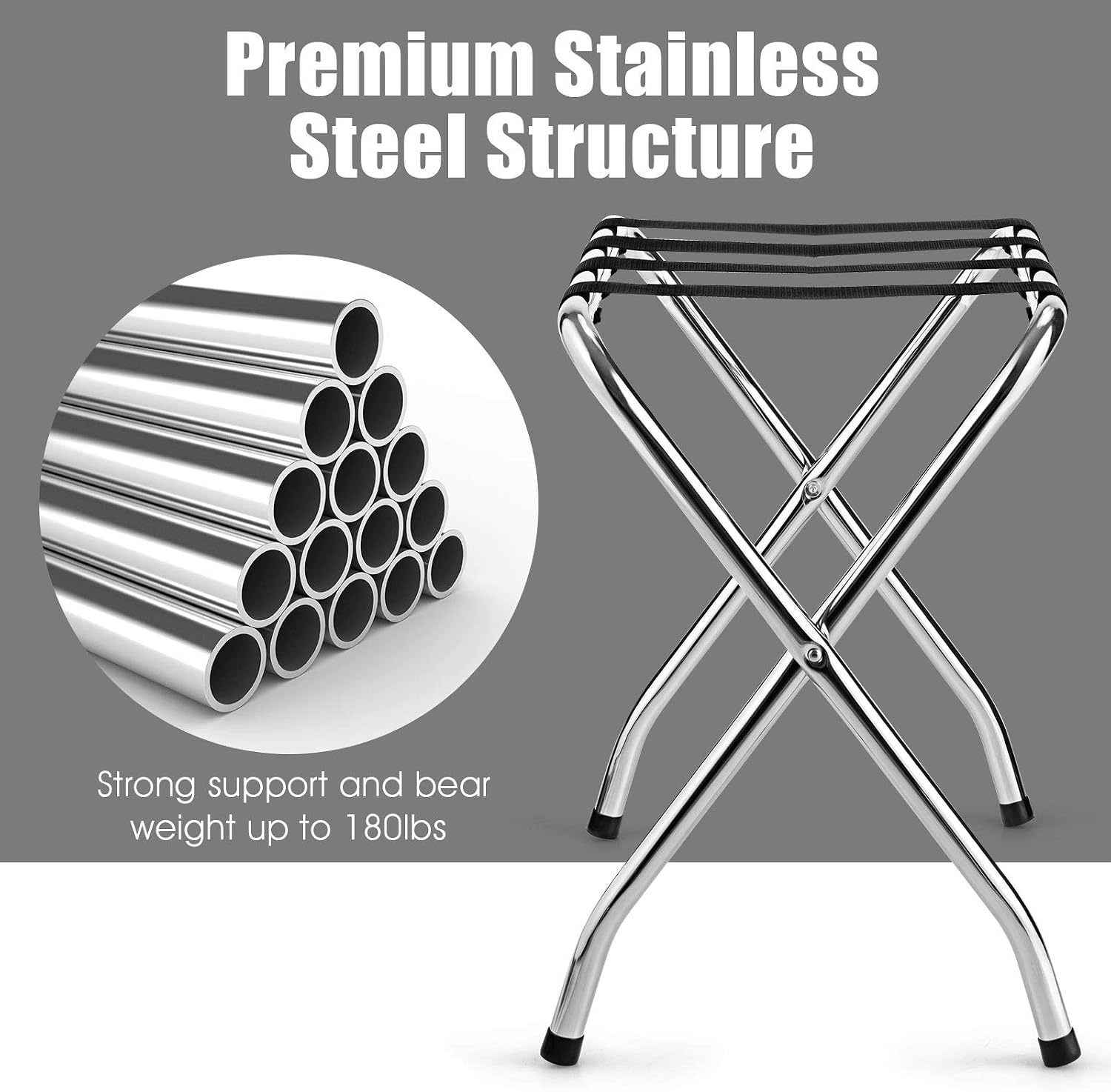Tangkula Chrome Luggage Rack for Guest Room, No Assembly Required, Folding Metal Suitcase Stand with Nylon Belts, for Home Bedroom Guest Room Hotel, Luggage Rack, Silver (1)
