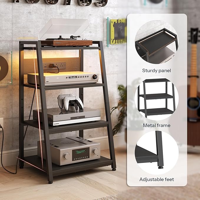 HOOBRO 4-Tier AV Media Stand with Charging Station and LED Light, Wooden Stereo Cabinet, Media Audio Tower Rack, Corner TV Stand, Record Player, Entertainment Device, Black BB106UDCJ01