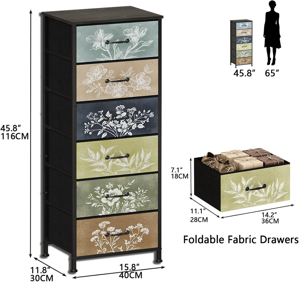 Tohomeor Vintage Dresser Vertical Nightstand with Neutral Botanical Plant Fabric Chest Drawers for Closet Bathroom Storage Tower Unit Bed Side Organizer Farmhouse Rustic (Multi, 6 Drawers)