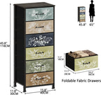 Tohomeor Vintage Dresser Vertical Nightstand with Neutral Botanical Plant Fabric Chest Drawers for Closet Bathroom Storage Tower Unit Bed Side Organizer Farmhouse Rustic (Multi, 6 Drawers)