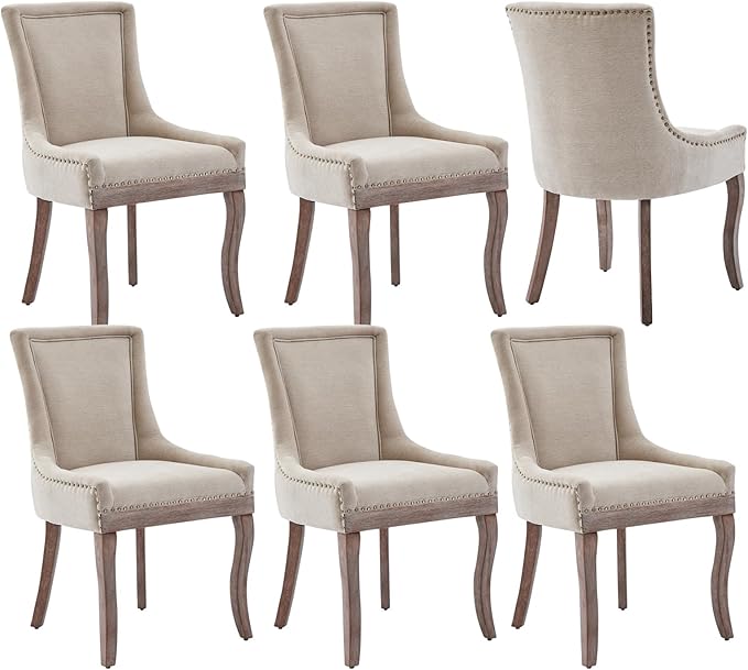 Modern Dining Chairs Set of 6, High Back Dining Chairs Side Chairs with Solid Wood Legs, Upholstered Fabric Dining Room Chairs for Dining Room Kitchen, Beige
