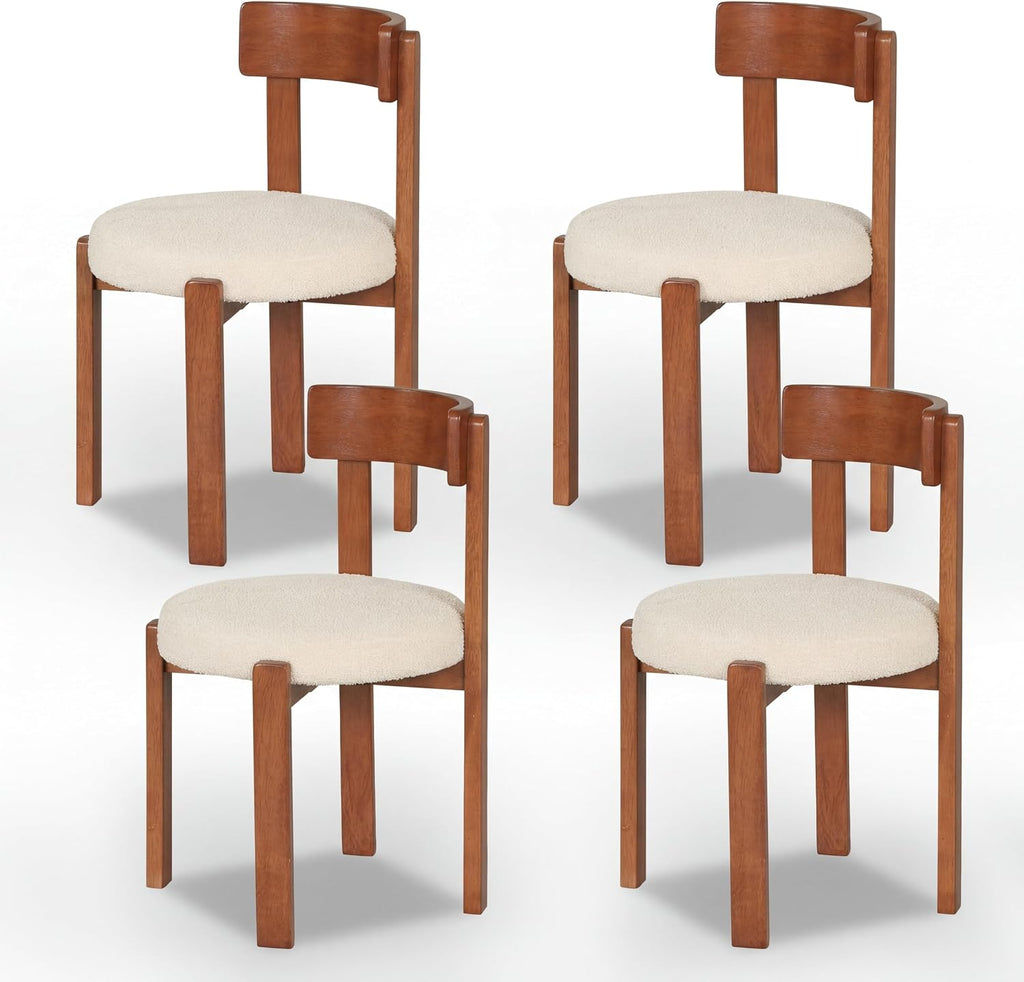 COSTWAY Wooden Dining Chairs Set of 4, Armless Upholstered Kitchen Chairs w/Curved Back & Teddy Fleece Padded Seat, Mid-Century Modern Accent Side Chair for Dining Room & Nooks, Small Space (Brown)