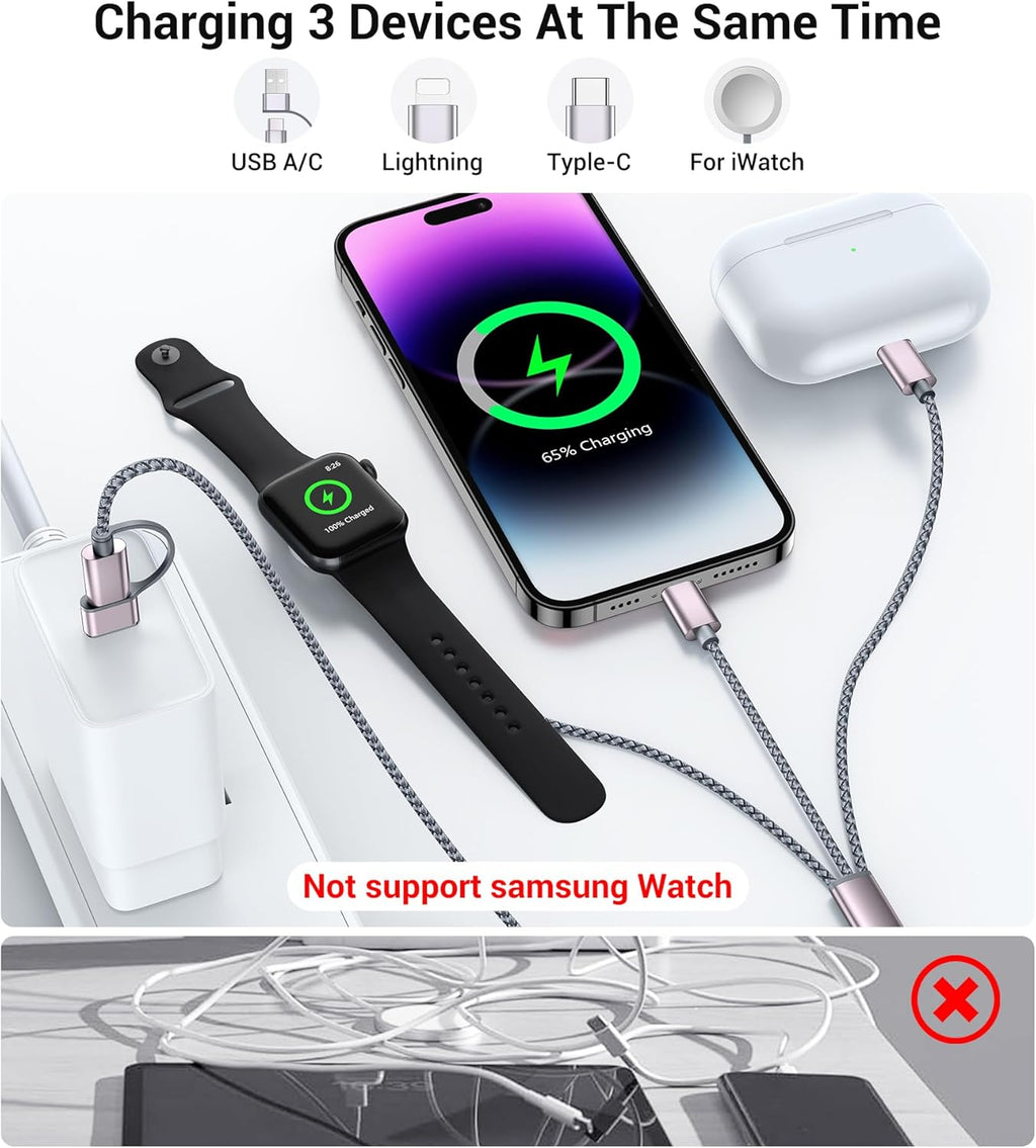 Temdan for Travel Essentials,3 in 2 USB C Cable for Apple Watch Charger/iPhone 17 Charger/Lightning,Multi Charging Cable Cord,Vacation Camping Essentials,Portable Designed for iWatch &iPhone 16-12-4FT