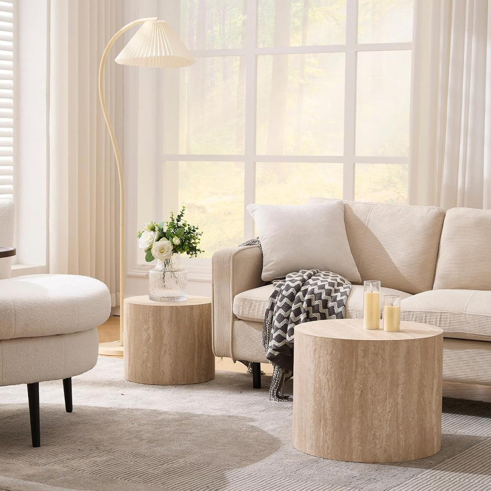 Ya-Home Modern Round Coffee Tables Nesting Table, Wood Set of 2 End Table Sid...