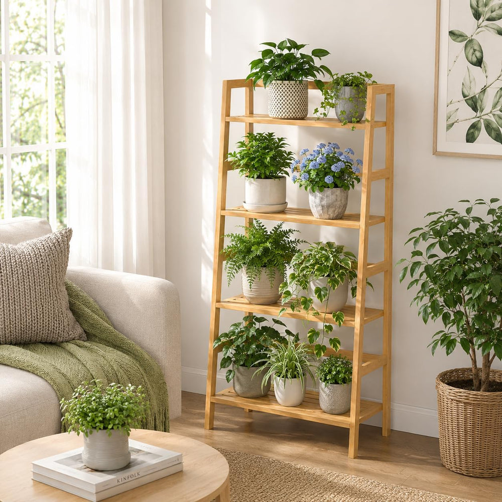 Bamboo Ladder Shelf, 4-Tier Wooden Ladder Bookshelf & Bookcase Organizer