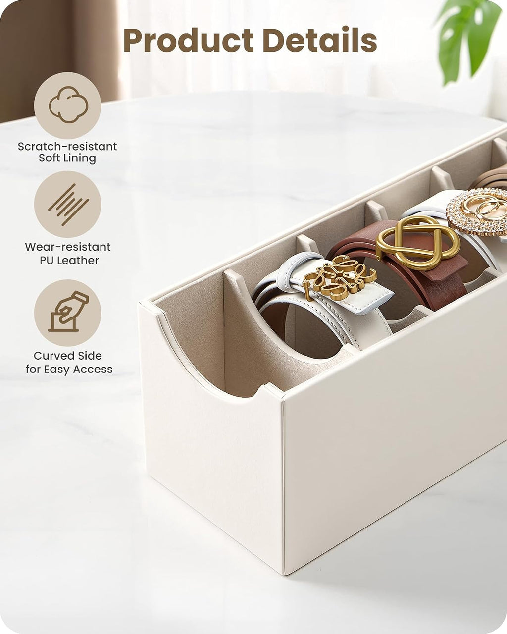 Lolalet 7 Compartments Belt Organizer, PU Leather Belt Holder with Soft Lining, Extra-Wide Slots for Women, Fits Drawer, Closet & Entryway Cabinet -1 Pack, Cream