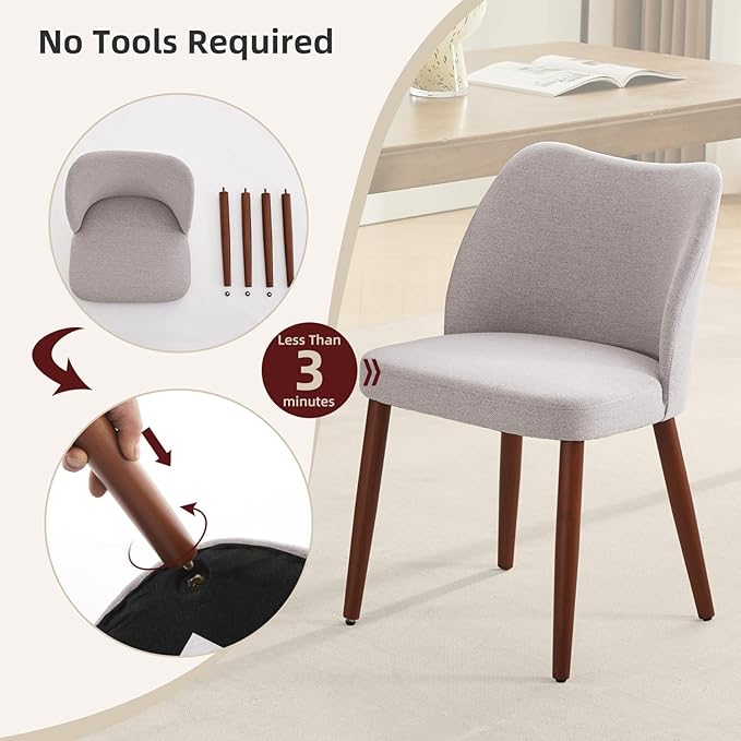 Dining Chair Set of 6, Linen Upholstered Dining Chair with Wood Legs, Wing Backrest, Wooden Kitchen Chair, Kitchen Chairs with Thick Cushions for Dining Room, Living Room, Light Grey