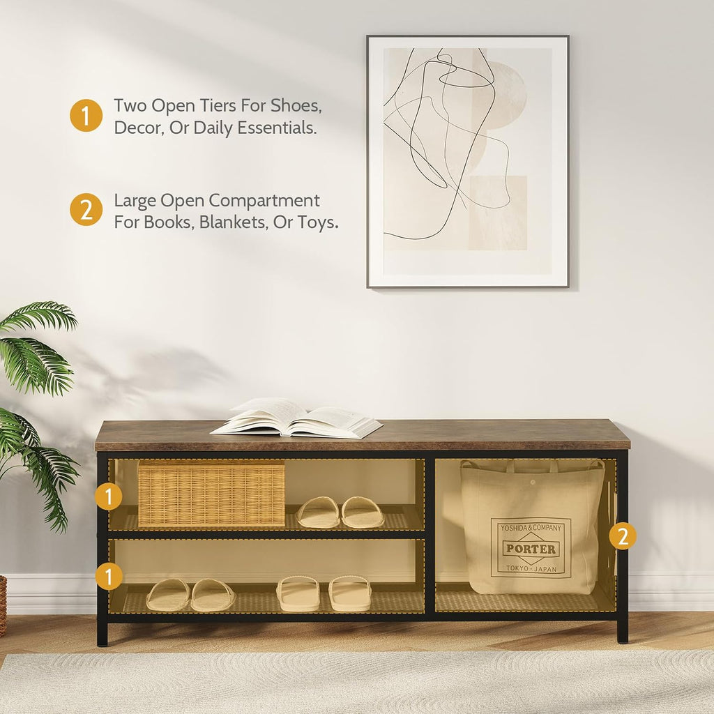 Entryway Storage Bench with Shoe Rack, 47.2" Wide Hallway Bench with Seating, Rustic Wood Top & Metal Frame, 2-Tier Shoe Organizer for Entryway, Bedroom, or Living Room, Brown