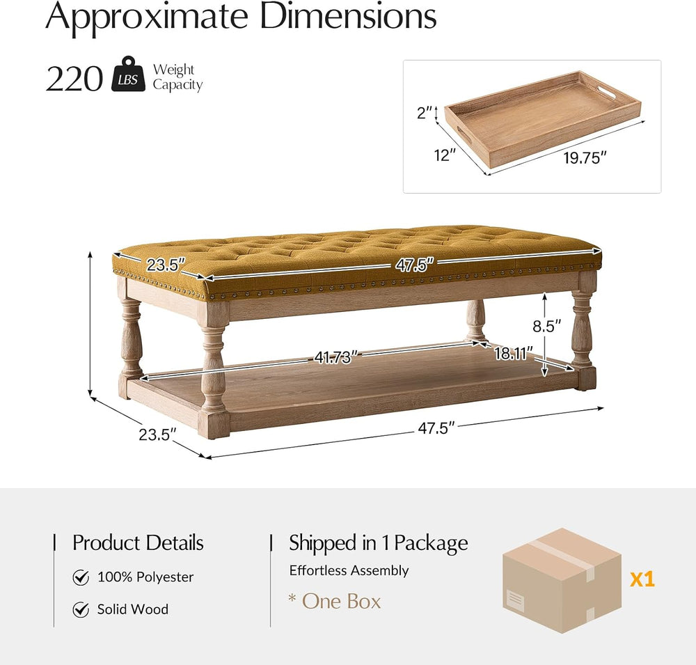 HULALA HOME Storage Tufted Ottoman Coffee Table with Solid Wood Legs, Golden