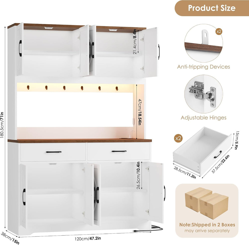 HIFIT 71" LED Pantry Cabinet with Charging Station, Tall Coffee Bar Cabi...