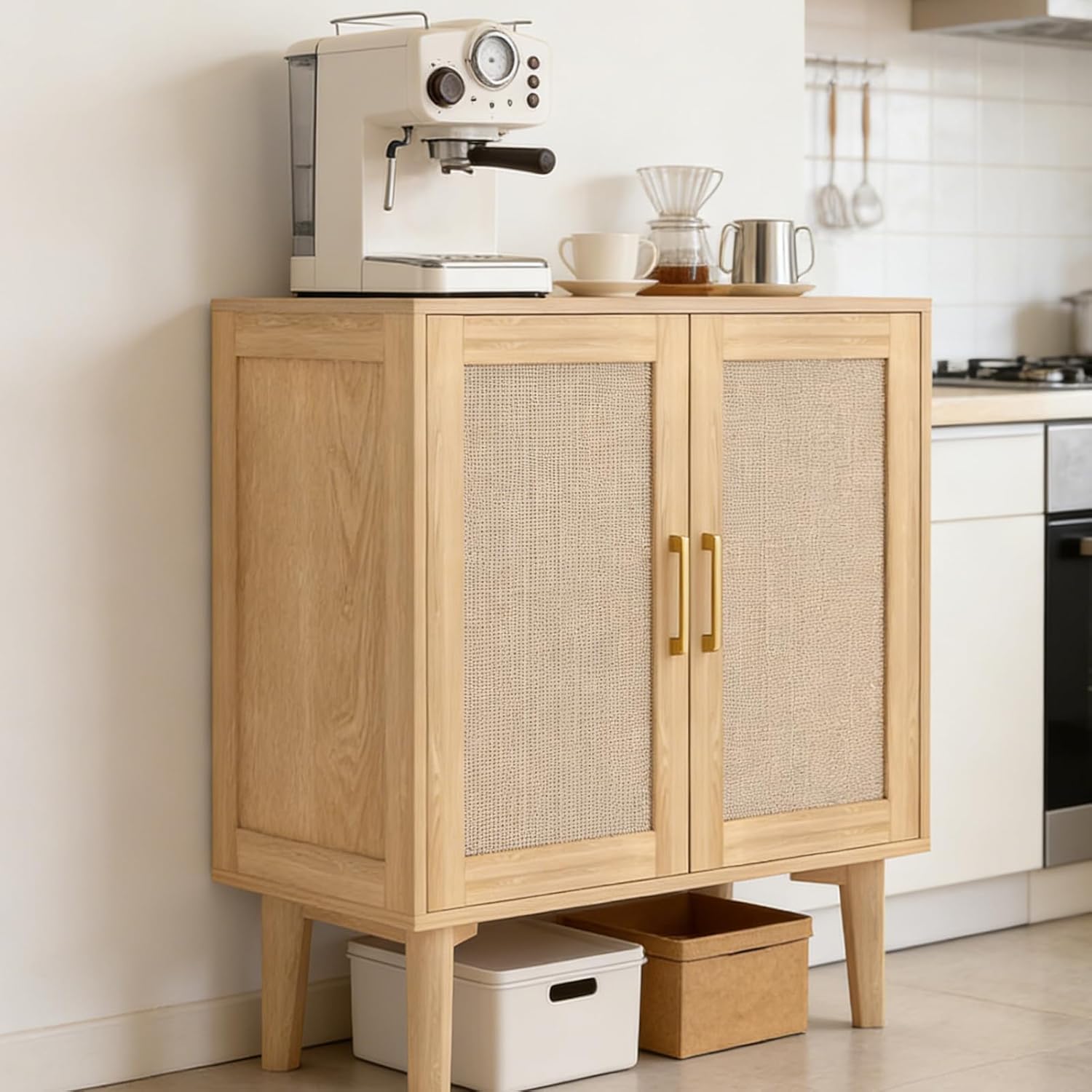ITEFDTUTNE Rattan Cabinet, Buffet Storage Cabinet Sideboard with 2 Doors & Solid Wood Feet, for Hallway, Entryway, Living Room,or Kitchen