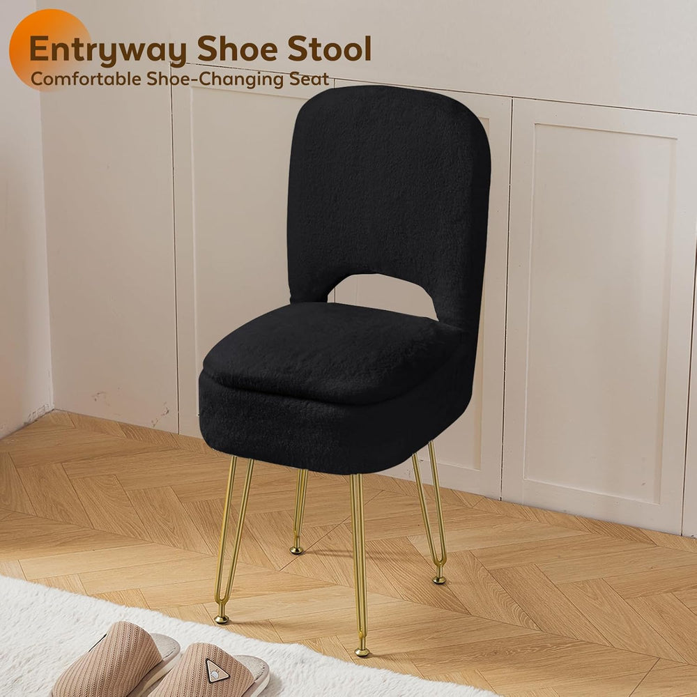 BRIAN & DANY Vanity Chair with Storage and Folding Back, Faux Fur Square ...