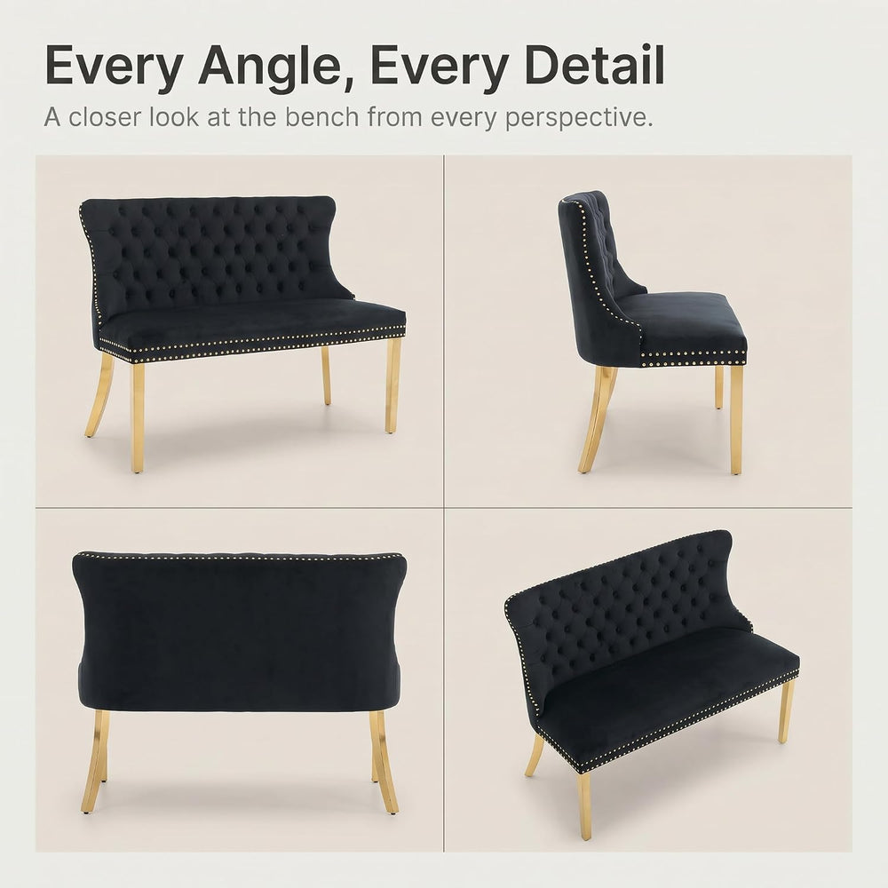 Upholstered Dining Bench with Back, Black, Gold Finish Steel Legs | Tufted Lo...