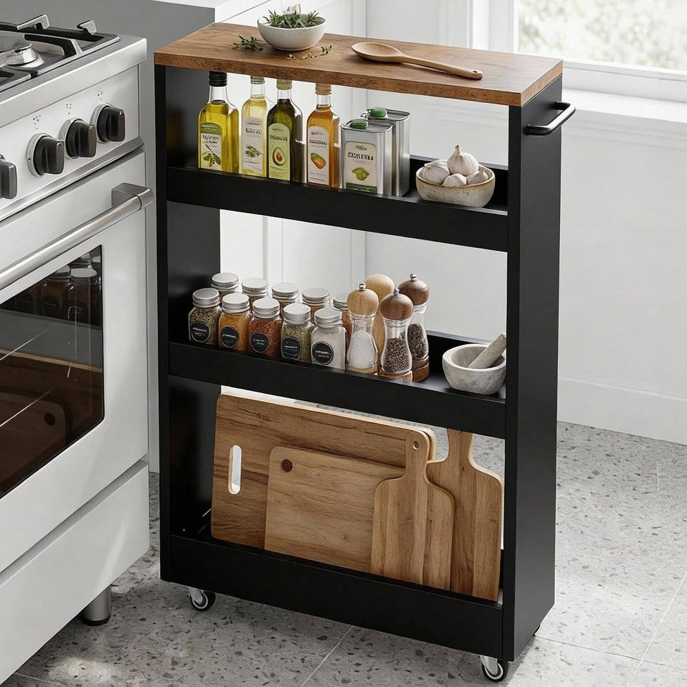 TEAMIX Wood 4-Tier Slim Rolling Storage Cart, 7.9"W, 24.8"D, 36.7&q...