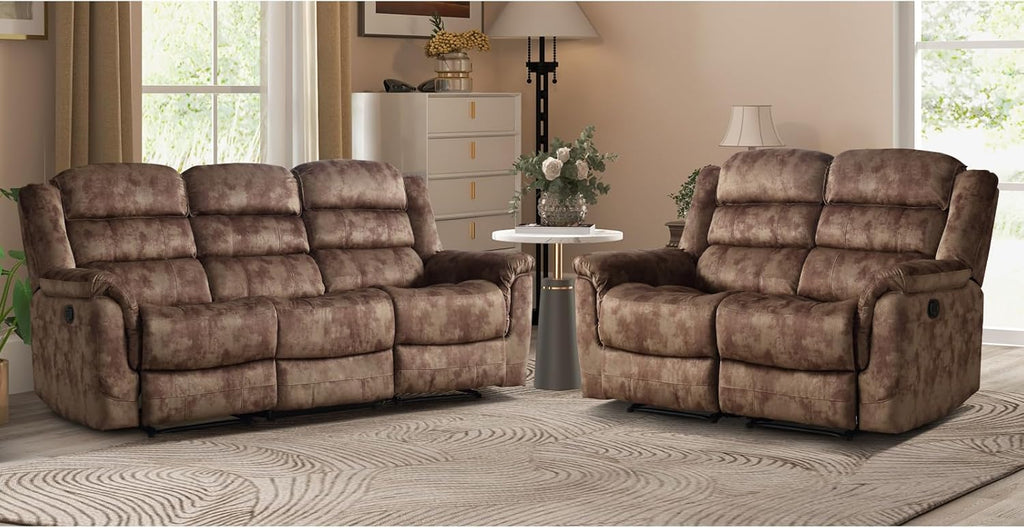 2 Pieces Reclining Couch Furniture Set, Overstuffed Reclining Loveseat Couch and Wide 3PC Bonded Recliner Sofa Set for Living Room, Brown