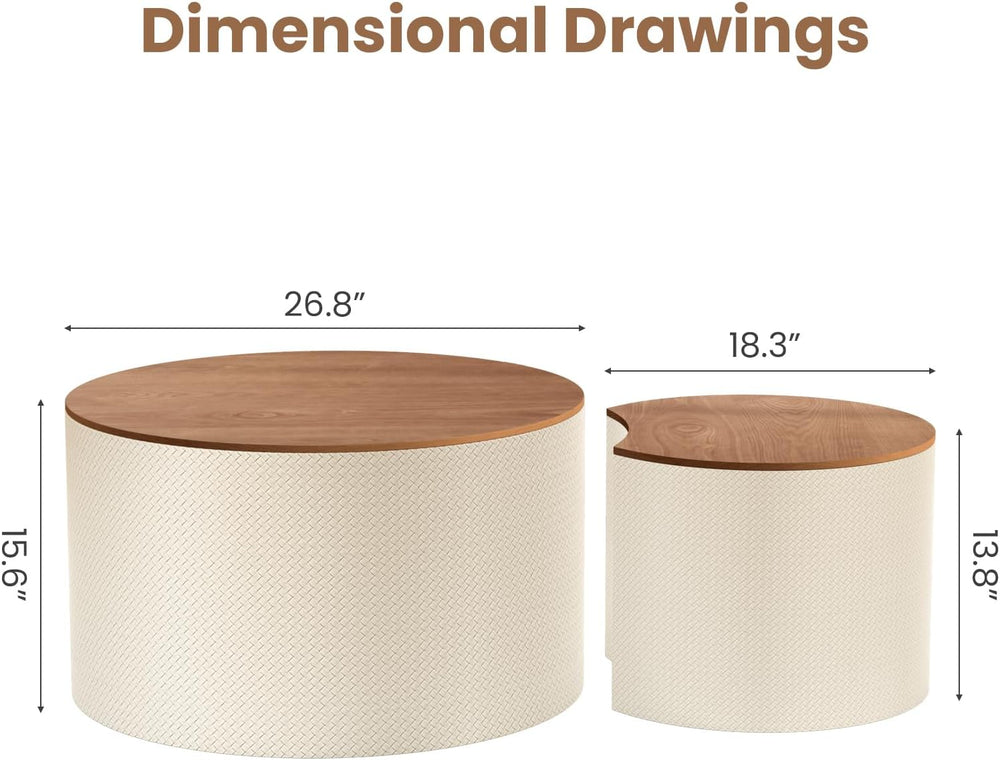 Nesting Coffee Table Set of 2, Modern Round Storage Coffee Table, (White) | W...