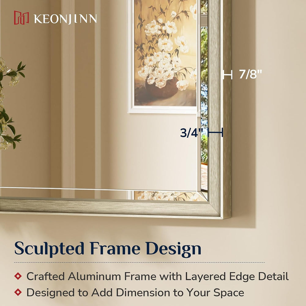 Keonjinn 16" x 24" Brushed Nickel Framed Mirror, Aluminum Alloy, De...