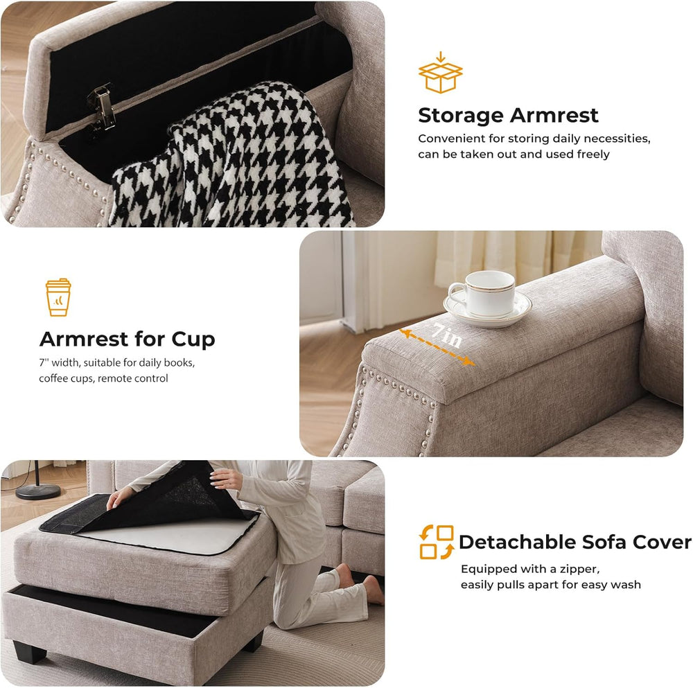 85" Sectional Sofa Couch with Storage Ottoman,L Shaped Couch with Armres...