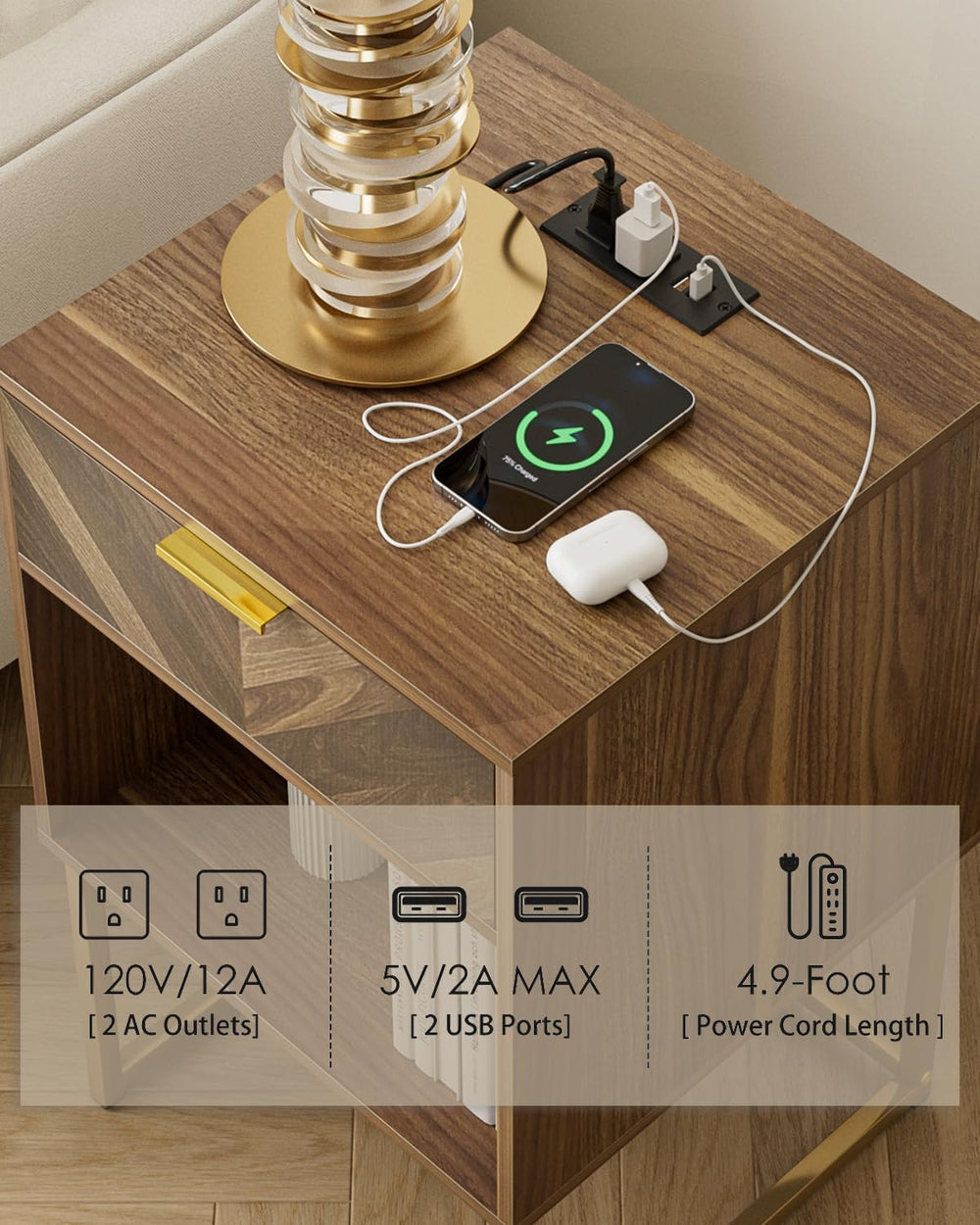 Nightstand with Charging Station,Modern Night Stand Boho Farmhouse Wood Bedsi...