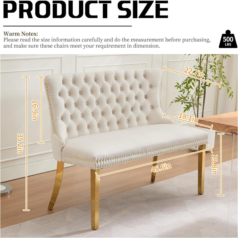 Beige Velvet Dining Bench with Back, Tufted Banquette Seating, Gold Legs | Up...