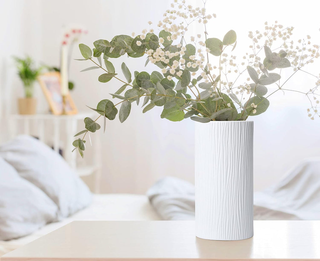 D'vine Dev 10 Inch Cylinder Vase, White Waterfall Textured Ceramic Flower Vase for Home Décor, VS-WF-B-2