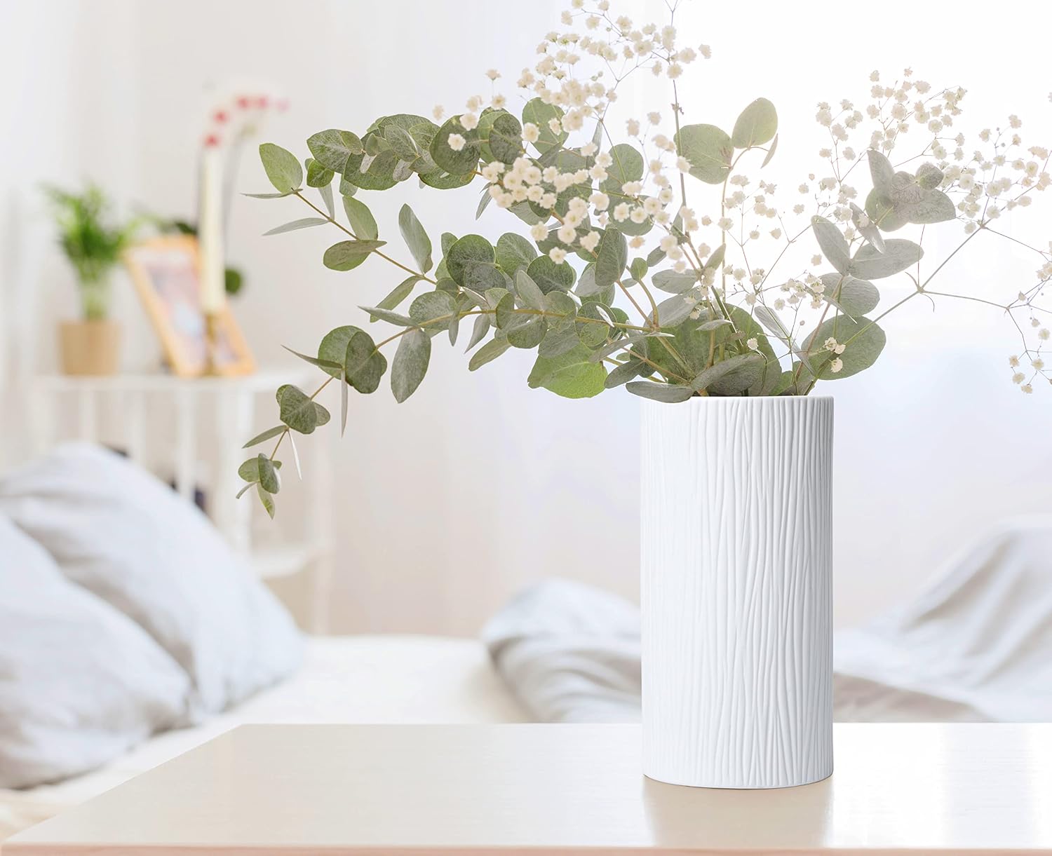 D'vine Dev 10 Inch Cylinder Vase, White Waterfall Textured Ceramic Flower Vase for Home Décor, VS-WF-B-2
