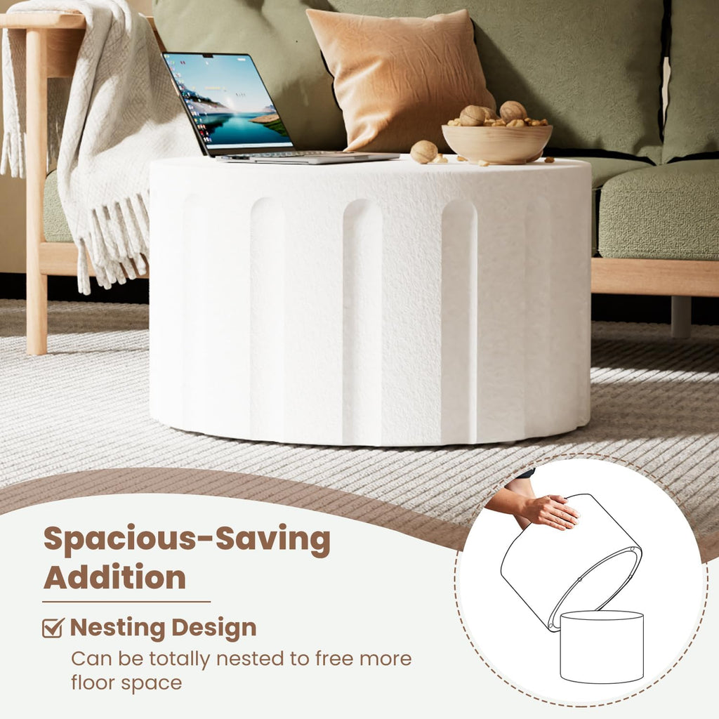 WXFKLDJ Fluted Round Nesting Coffee Table Set of 2, White B, 26.77"+19.69" | Modern Unique Circle Design, Drum Side Tea Table, Space-Saving, No Assembly