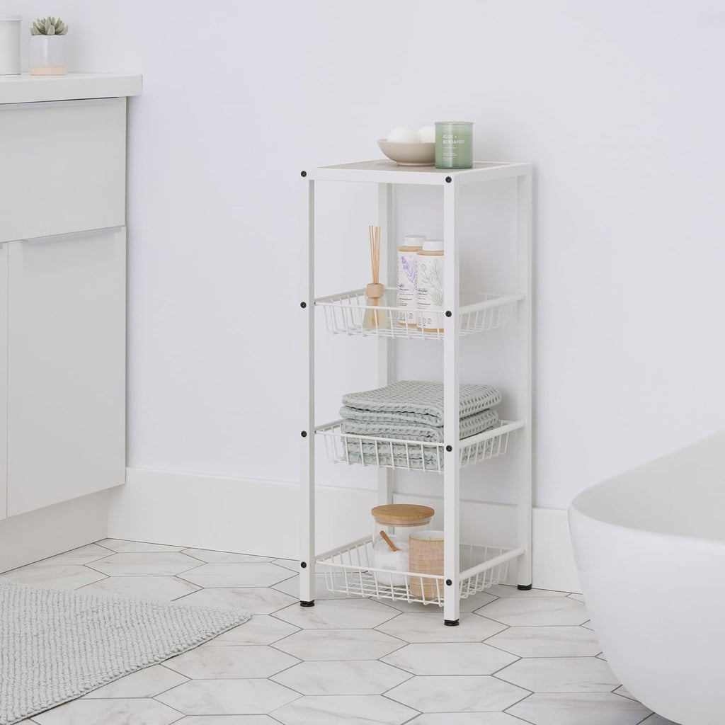 TRINITY 4-Tier Freestanding Metal Shelving Rack with Wire Baskets, Wood Top, and Adjustable Feet, 12"x12"x30", White + Gray-Wash Top