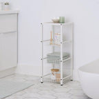TRINITY 4-Tier Freestanding Metal Shelving Rack with Wire Baskets, Wood Top, and Adjustable Feet, 12"x12"x30", White + Gray-Wash Top
