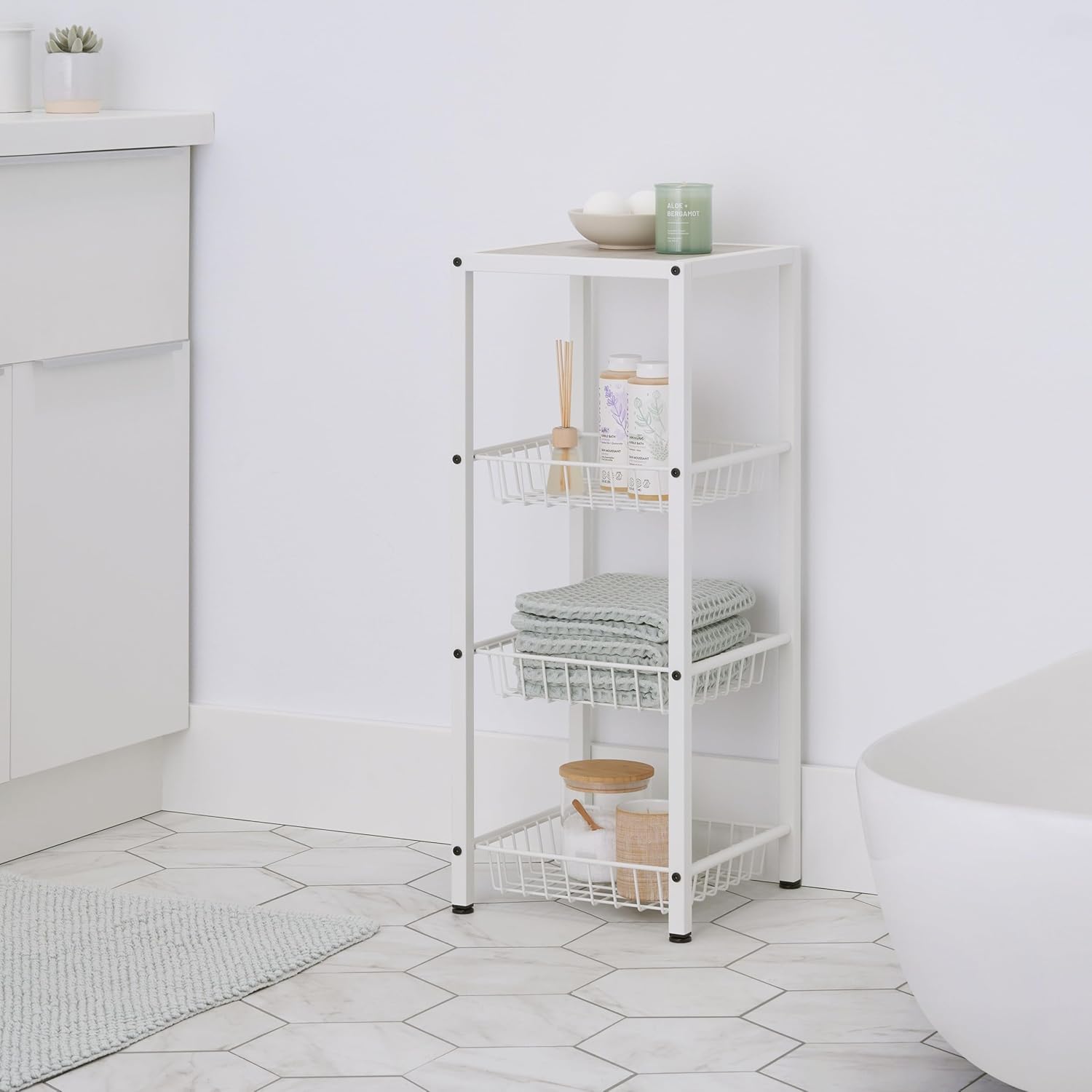 TRINITY 4-Tier Freestanding Metal Shelving Rack with Wire Baskets, Wood Top, and Adjustable Feet, 12"x12"x30", White + Gray-Wash Top